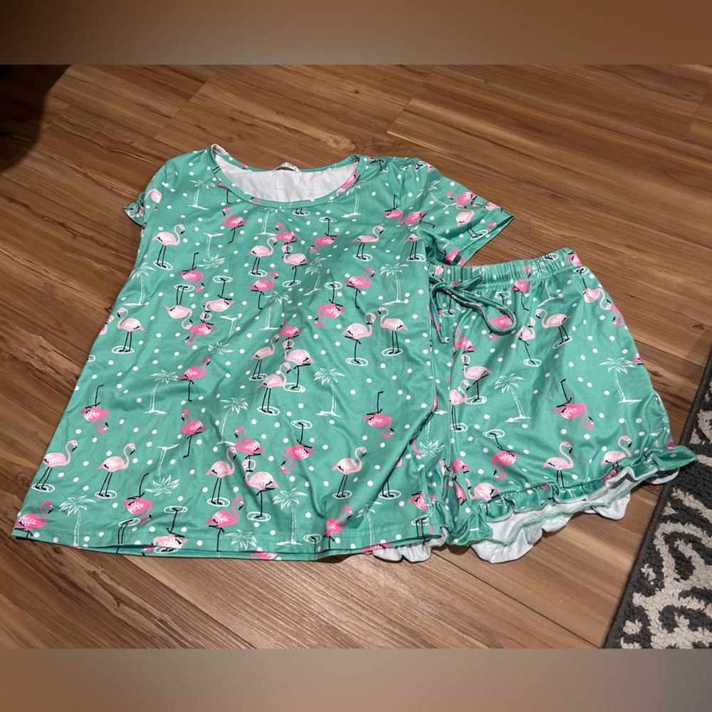 2pc Green Flamingo Pajama Short Set